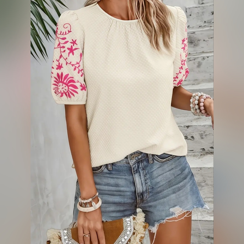 Shein Bohemian Cream Top with Pink Embroidered Puff Short Sleeves, Size Large